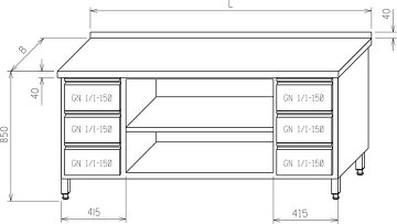 Stół roboczy - z obu stron szuflady GN 1/1 - część środkowa otwarta z półkami MR-022