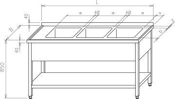 Stół z trzema zlewami - z osłonami, na dole półka MR-128