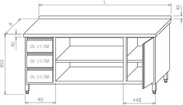 Stół roboczy - z jednej strony szuflady GN 1/1 - z drugiej szafka z półką drzwi otwierane - środek otwarty z półką MR-020
