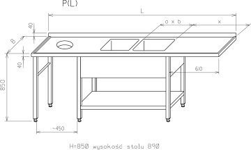 Stół do zmywalni - z otworem na odpadki, miejsce na zmywarkę, na dole półka MR-114