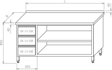 Stół roboczy - z jednej strony szuflady GN 1/1 - z drugiej szafka otwarta z półką MR-041
