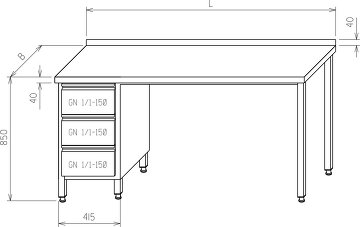 Stół roboczy - z jednej strony szafka z 3 szufladami na GN 1/1 - z drugiej dół otwarty MR-027