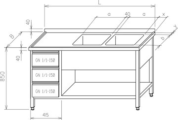 Stół z dwoma zlewami - szafka z szufladami GN 1/1, na dole półka MR-108