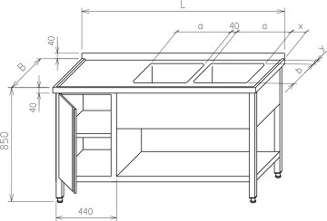 Stół z dwoma zlewami - szafka - drzwi otwierane, na dole półka MR-120