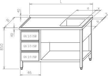 Stół ze zlewem - szafka z szufladami GN 1/1, na dole półka MR-104