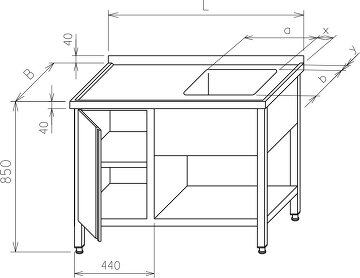 Stół ze zlewem - szafka - drzwi suwane, na dole półka MR-119